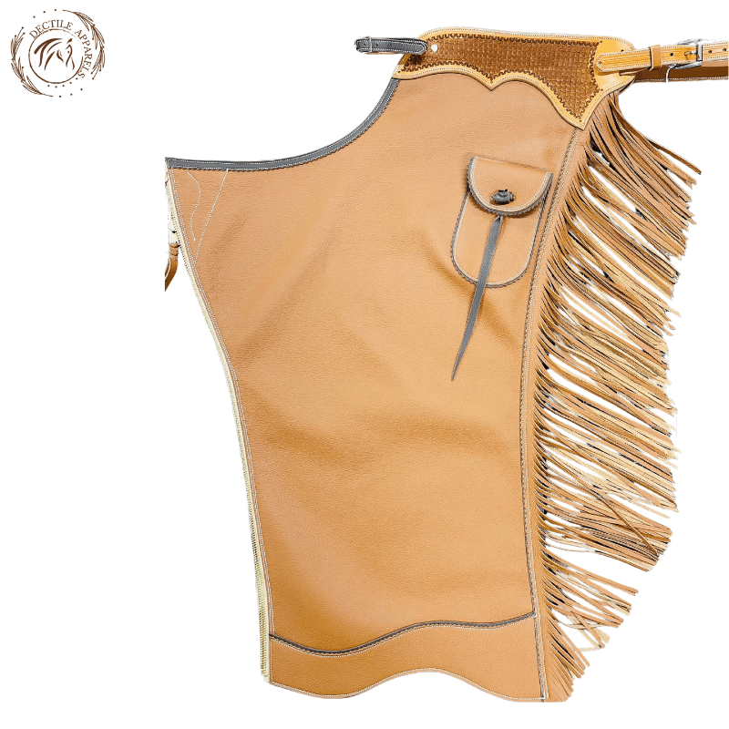 Tan Leather Fringe Chink Chaps with Pocket