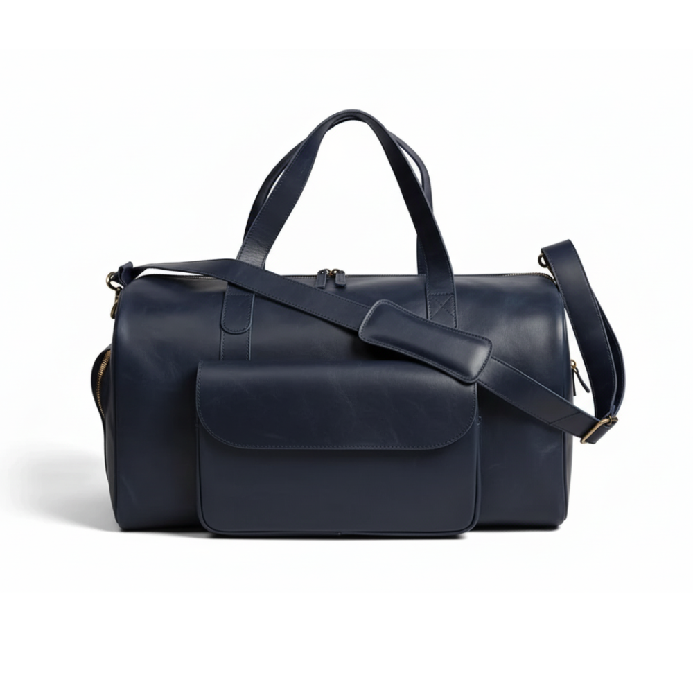 Premium Navy Leather Duffel Weekender Travel Bag