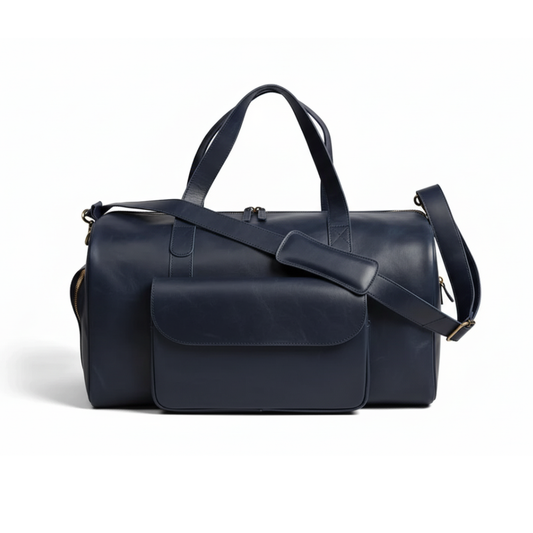 Premium Navy Leather Duffel Weekender Travel Bag