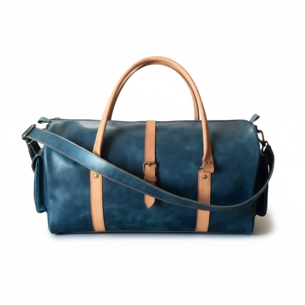 Navy Leather Duffel Bag weekender Premium Cow Pull-Up Travel Holdall