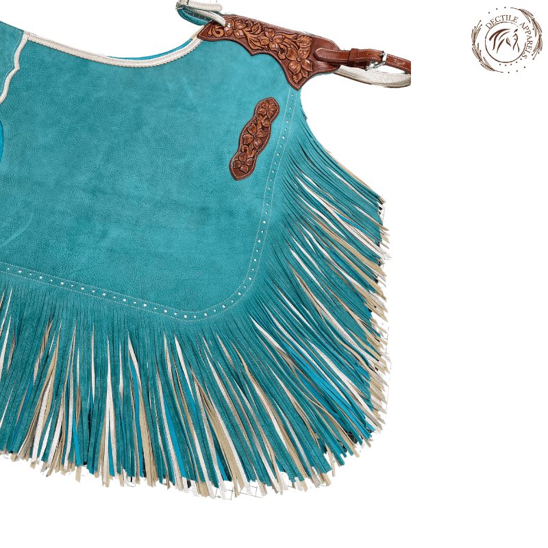Turquoise Suede Chink Chaps with Tan Fringe
