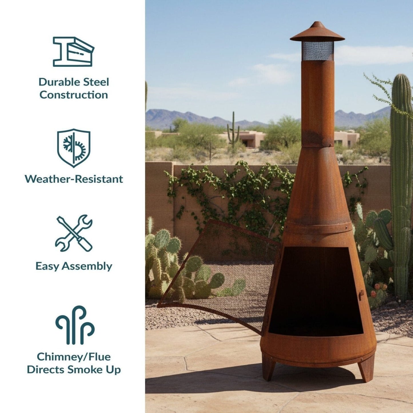 Sunnydaze 70″ Rust Patina Finish Steel Wood-Burning Chiminea with Spark Screen