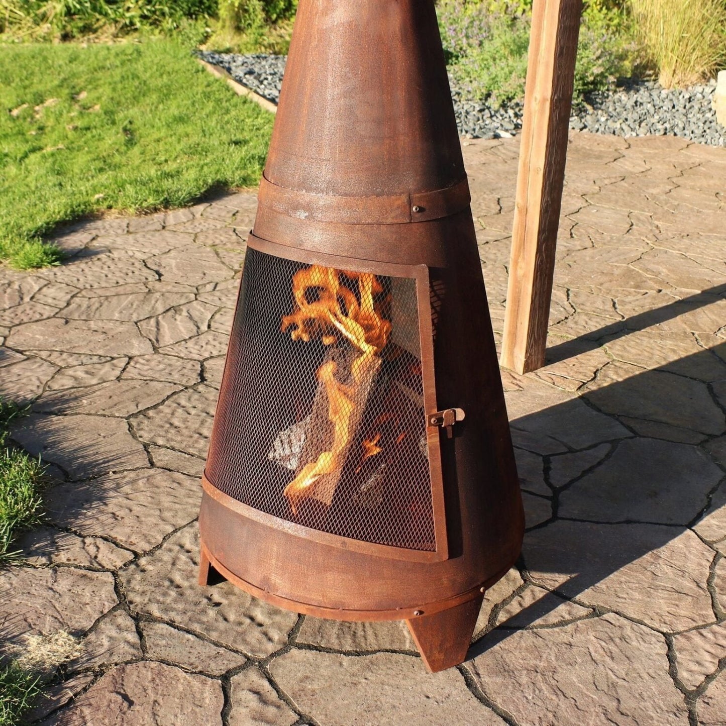 Sunnydaze 70″ Rust Patina Finish Steel Wood-Burning Chiminea with Spark Screen