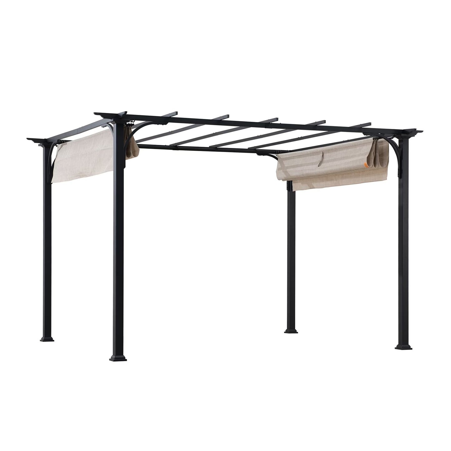 Outdoor Pergola 9 x 12 ft. Patio Black Steel Frame Pergola with Retractable Beige Canopy Shade for Backyard, Garden Activities