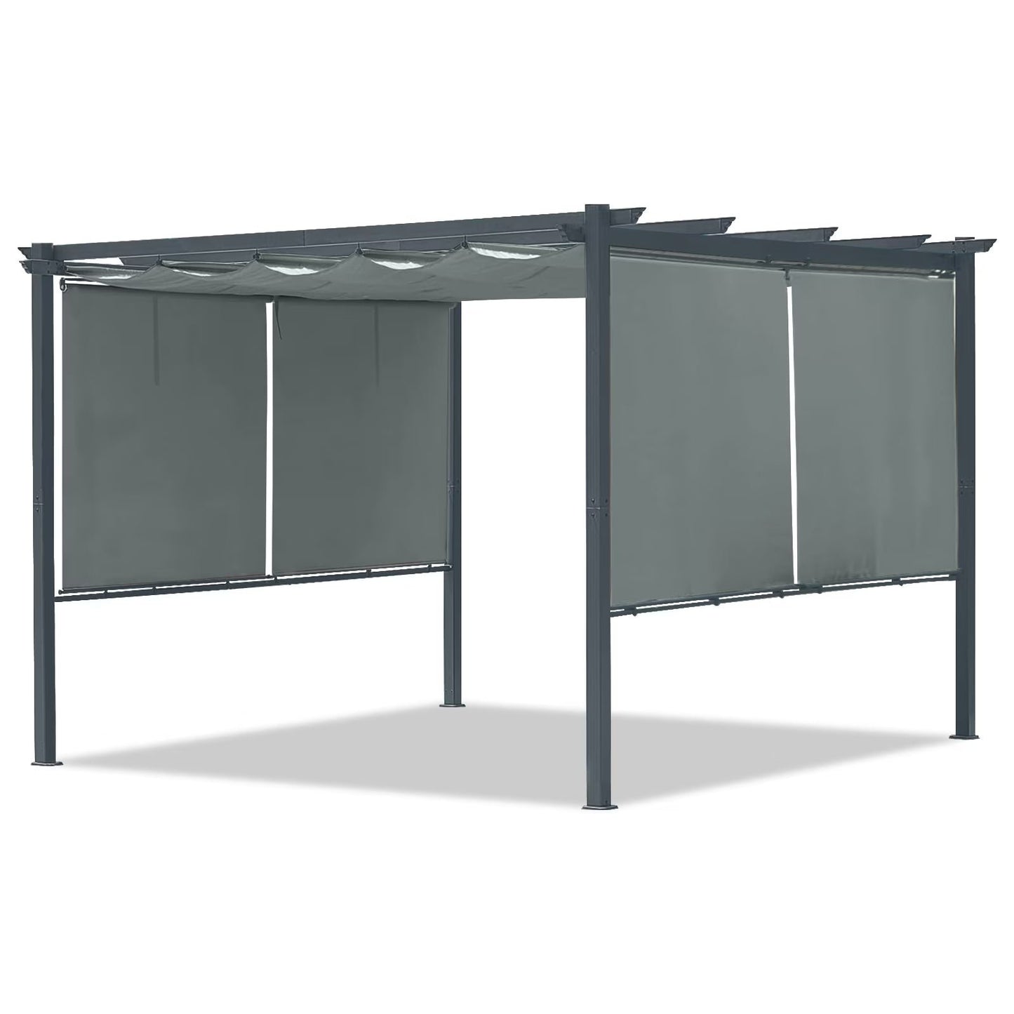 12x12 FT Waterproof Pergola with Retractable Canopy, Dark Gray Aluminum Frame, Roller Shade Curtain for Patio