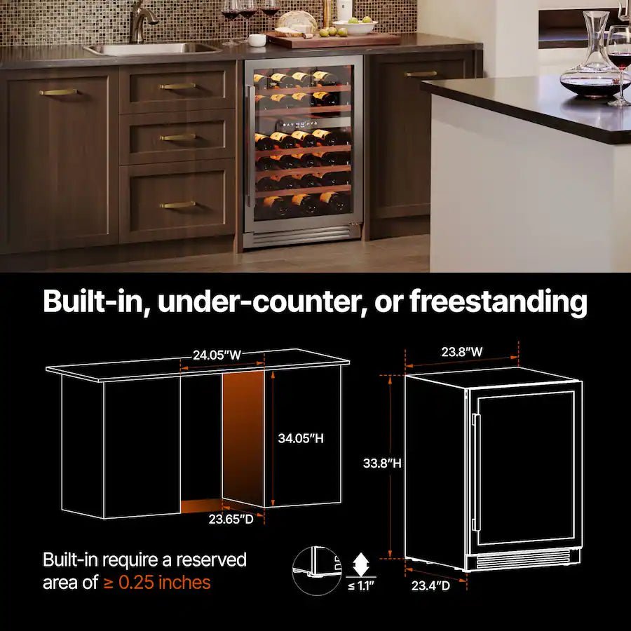 24 Inch Wine Fridge, 52 Bottle Wine Refrigerator, 40-65°F Dual Zone Wine cooler,3 Color LED, Built-in for Home/Bar - Stainless Steel