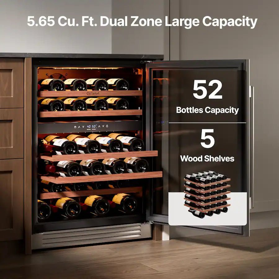 24 Inch Wine Fridge, 52 Bottle Wine Refrigerator, 40-65°F Dual Zone Wine cooler,3 Color LED, Built-in for Home/Bar - Stainless Steel