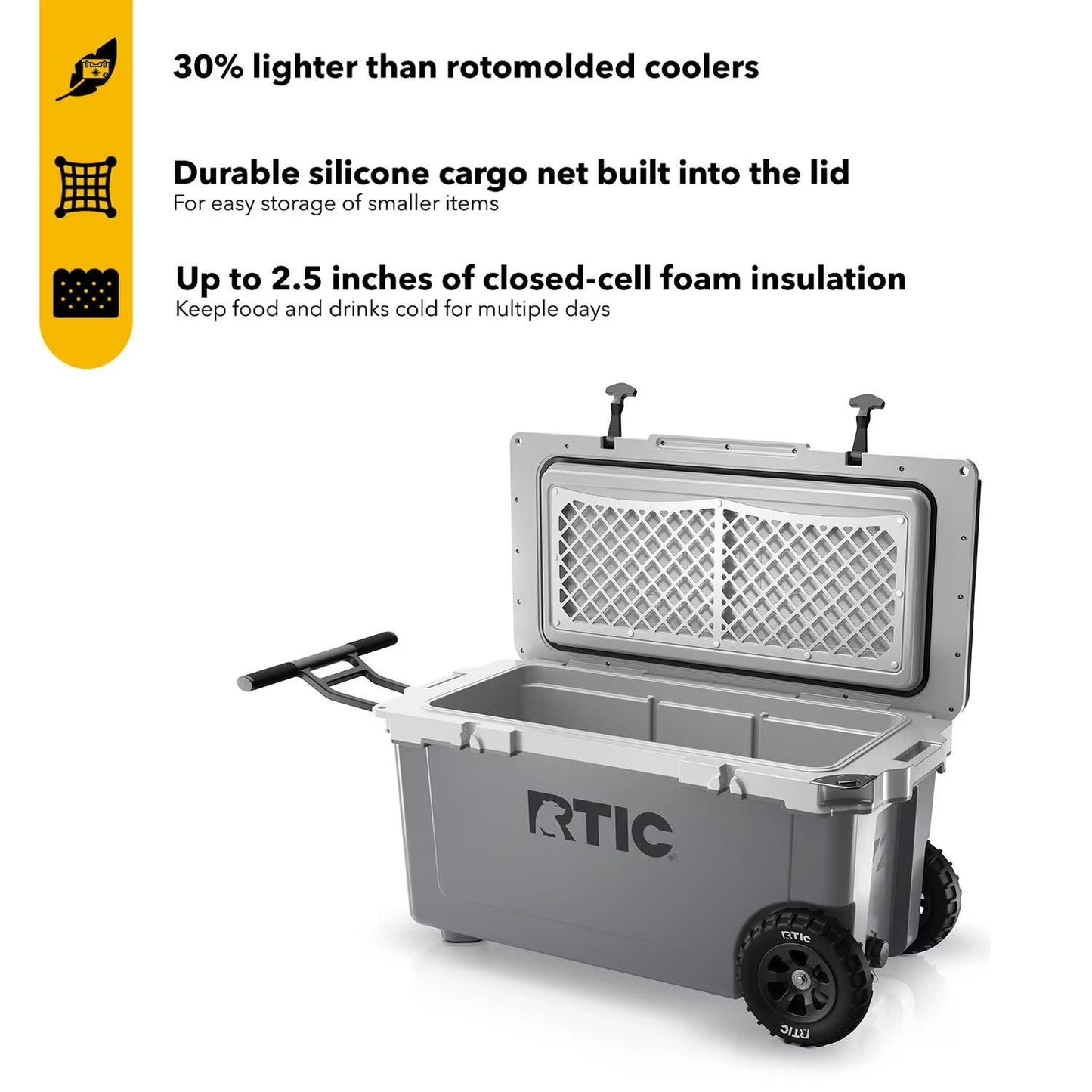 Wheeled Hard-Sided Ice Chest Cooler, Ultra-Light, Fits 96 Cans, Grey