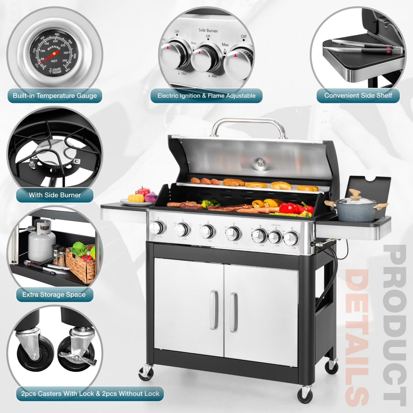 6 Burner Propane Gas Grill with Side Burner Stainless Steel BBQ Grill