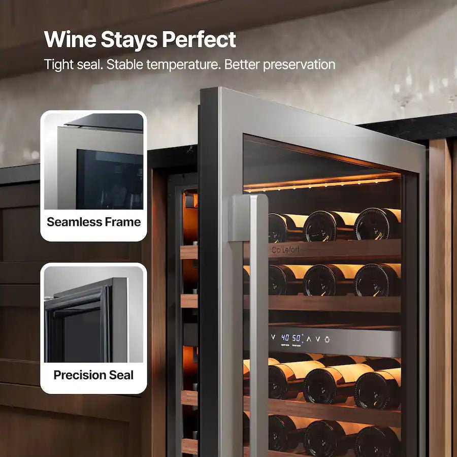 24 Inch Wine Fridge, 52 Bottle Wine Refrigerator, 40-65°F Dual Zone Wine cooler,3 Color LED, Built-in for Home/Bar - Stainless Steel