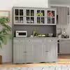 Gray Painted Wood 61.2 in. W Food Pantry Cabinet With Drawers and Adjustable Shelves, Glass Doors, Hutch