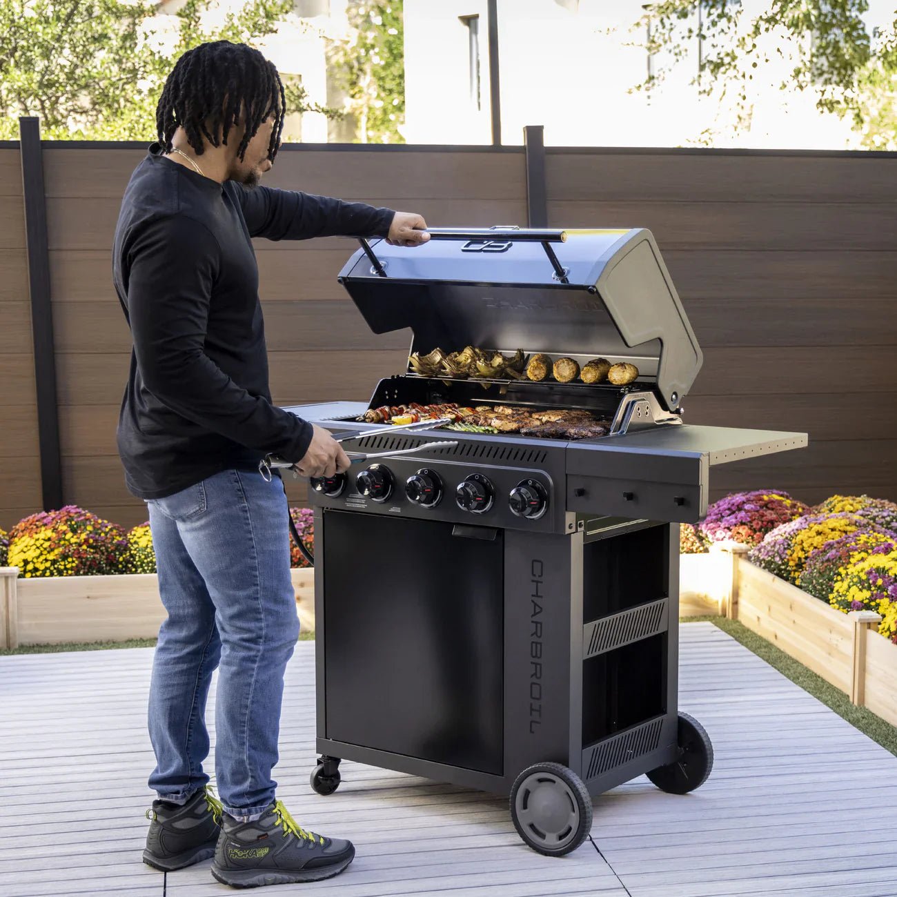5 Burner Gas Grill Cabinet with Side Burner and 12" Griddle Black Gray