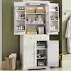 White Manufactured Wood Kitchen Pantry Cabinet with Motion Sensor Light and 180° Swing Doors