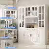 White Wooden 63 in. W Food Pantry Cabinet Storage Organizer with Tempered Glass Doors, 2-Drawers, Adjustable Shelves